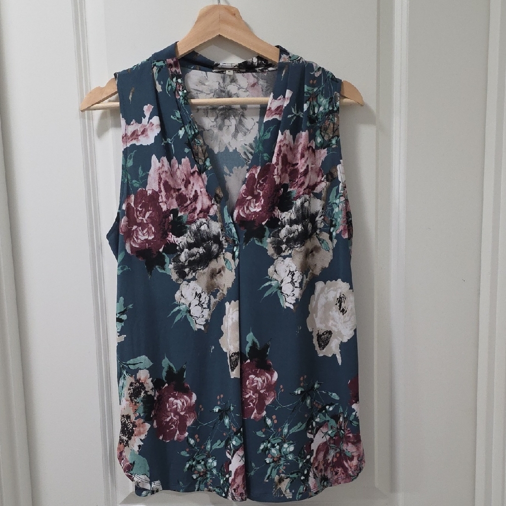 Beacon Floral V-Neck Blouse - Teal and Burgundy